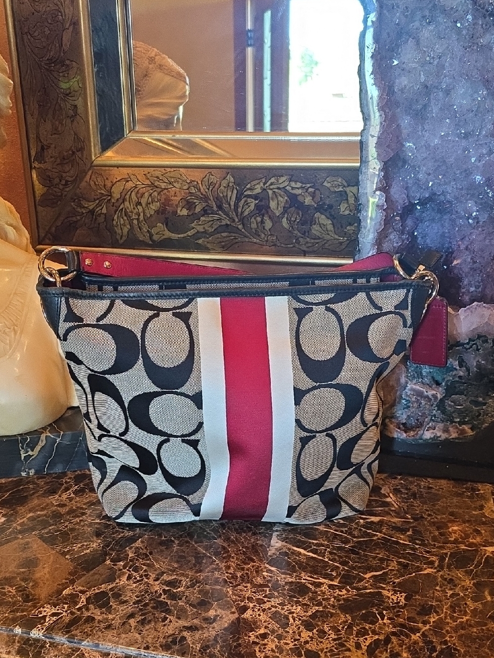 Coach Canvas Shoulder Bag in Red, Tan, Cream & Black. 14'W × 11' Tall. - Picture 14 of 16